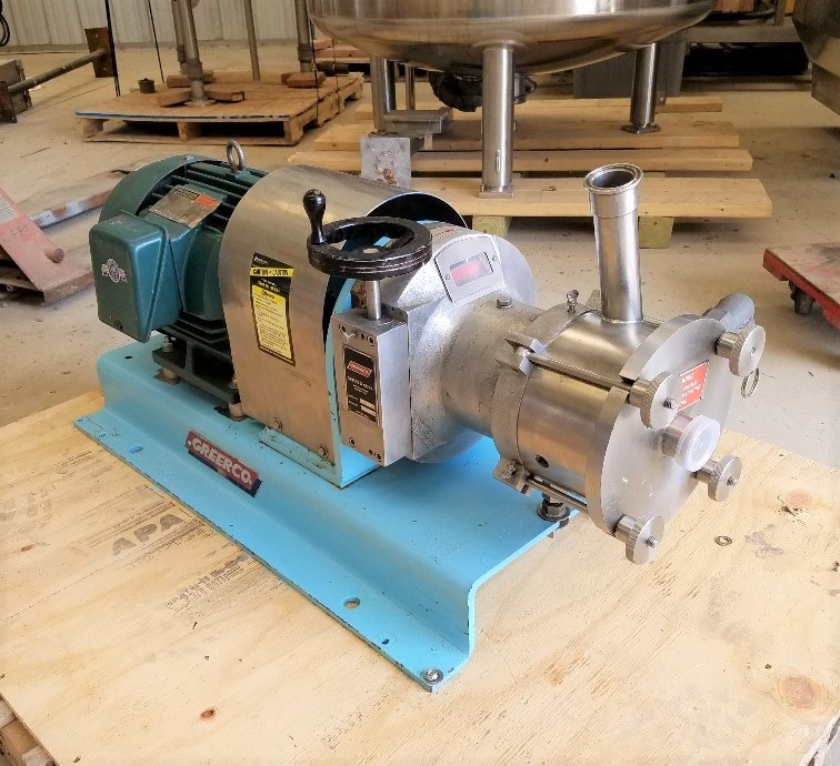 ***SOLD*** used GREERCO Model W500 Horizontal In-Line Colloid Mill. Has stainless steel adjustable rotor/stator.  Driven by 10 HP, 3495 RPM, 230/460 V.  1.5